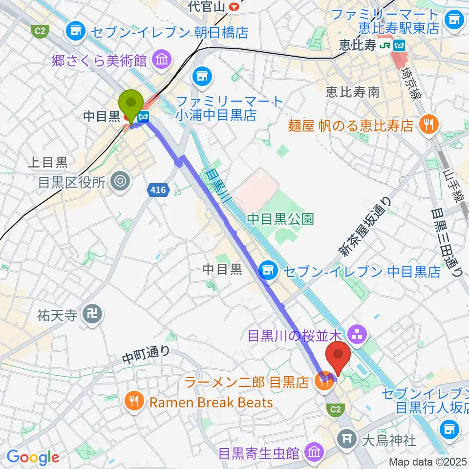 中目黒駅から目黒区美術館へのルートマップ地図