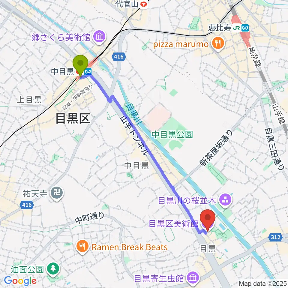 中目黒駅から目黒区美術館へのルートマップ地図