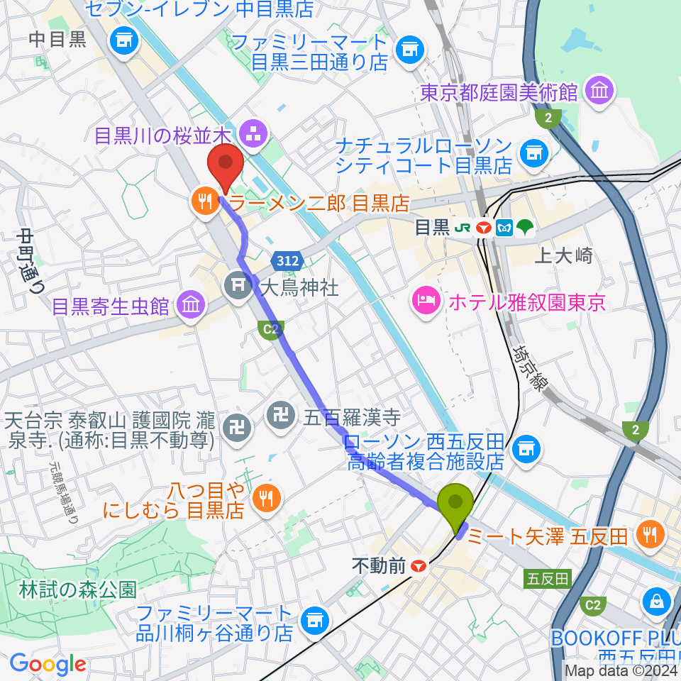 不動前駅から目黒区美術館へのルートマップ地図