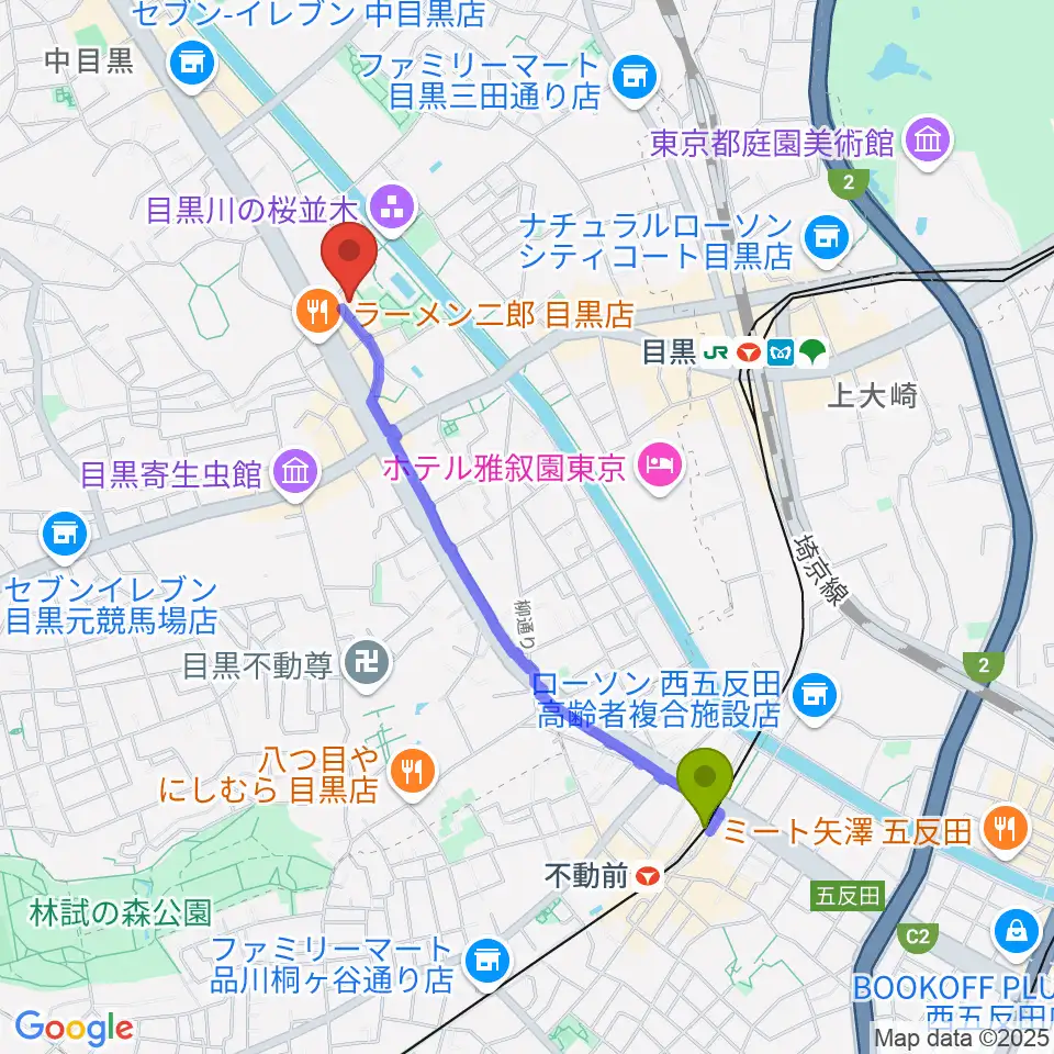 不動前駅から目黒区美術館へのルートマップ地図