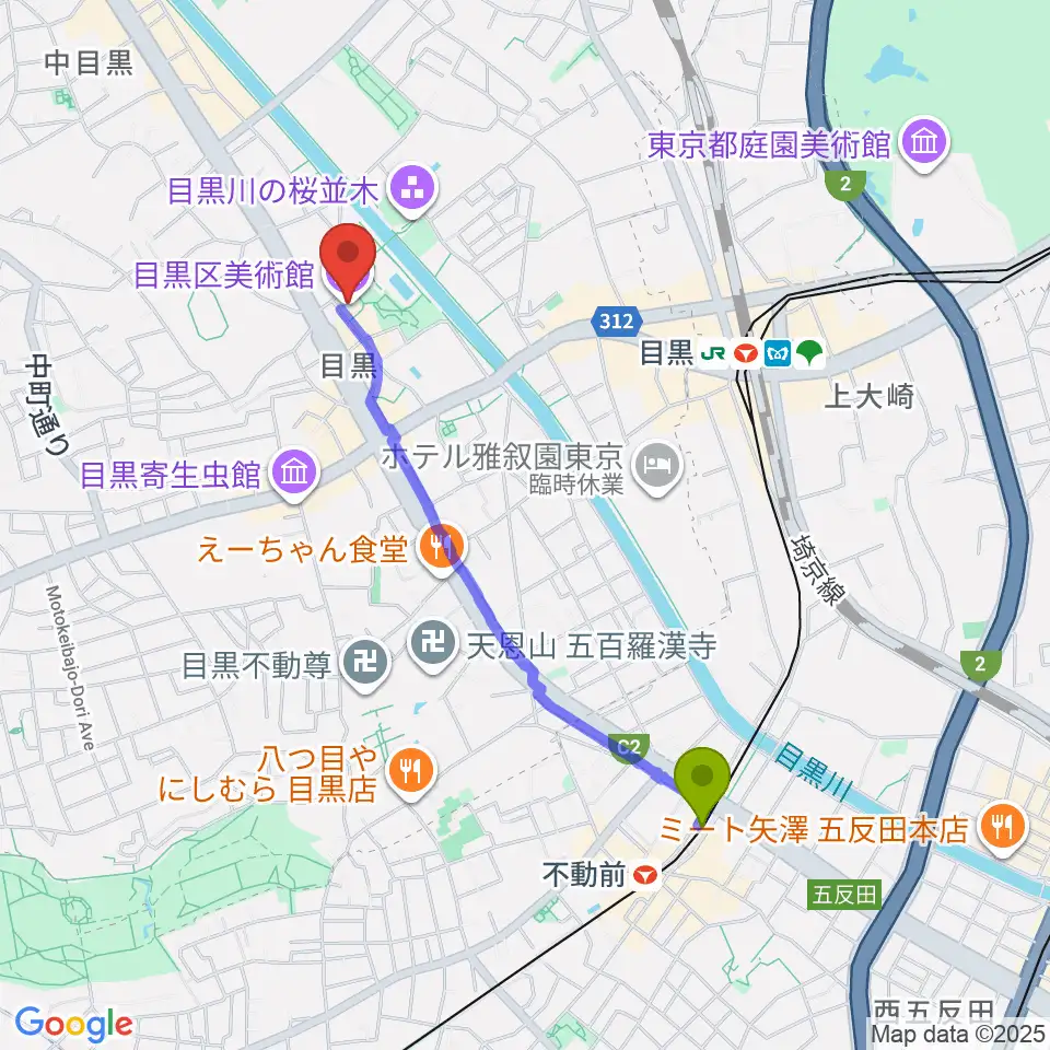 不動前駅から目黒区美術館へのルートマップ地図