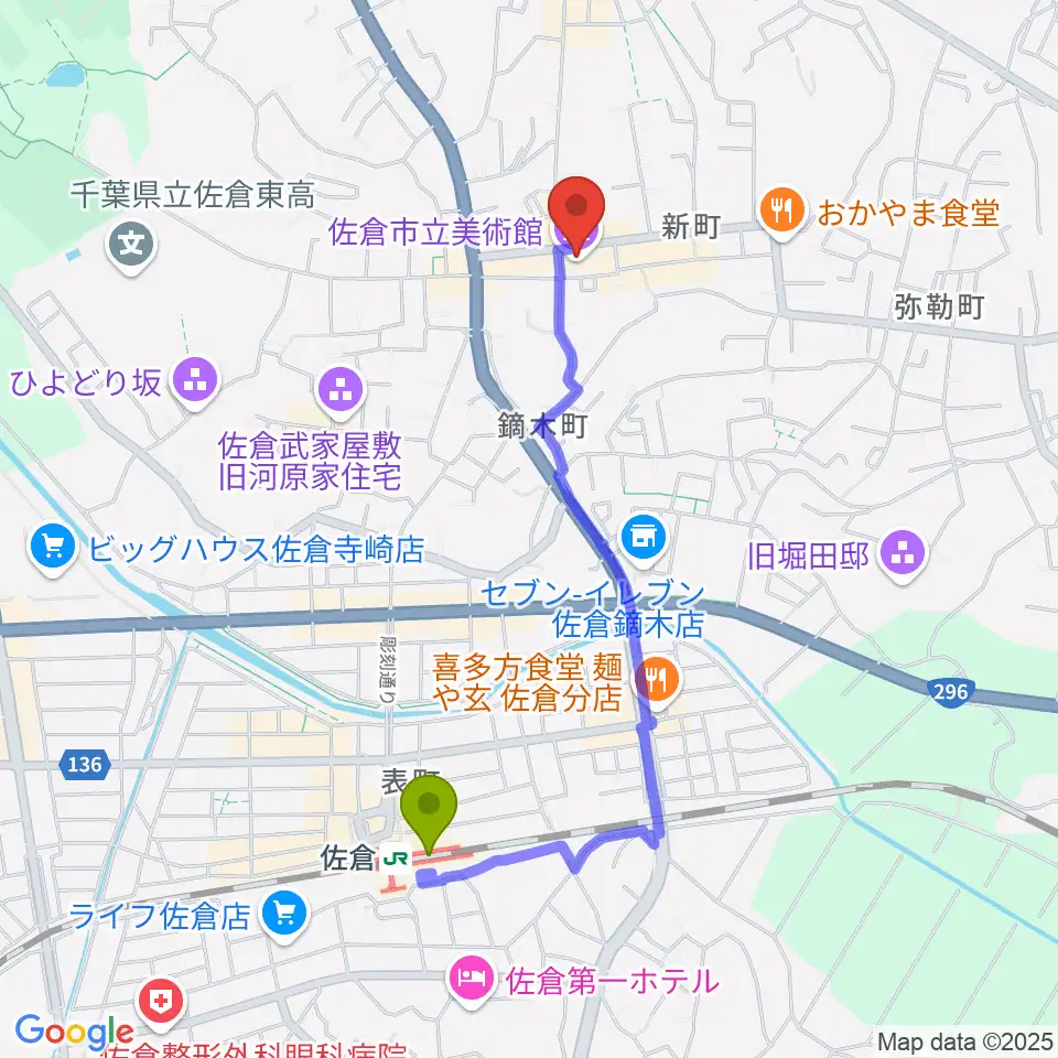 佐倉駅から佐倉市立美術館へのルートマップ地図