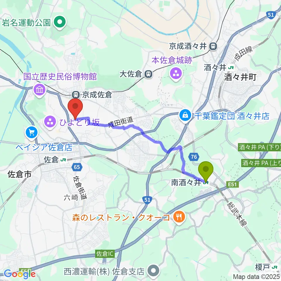 南酒々井駅から佐倉市立美術館へのルートマップ地図