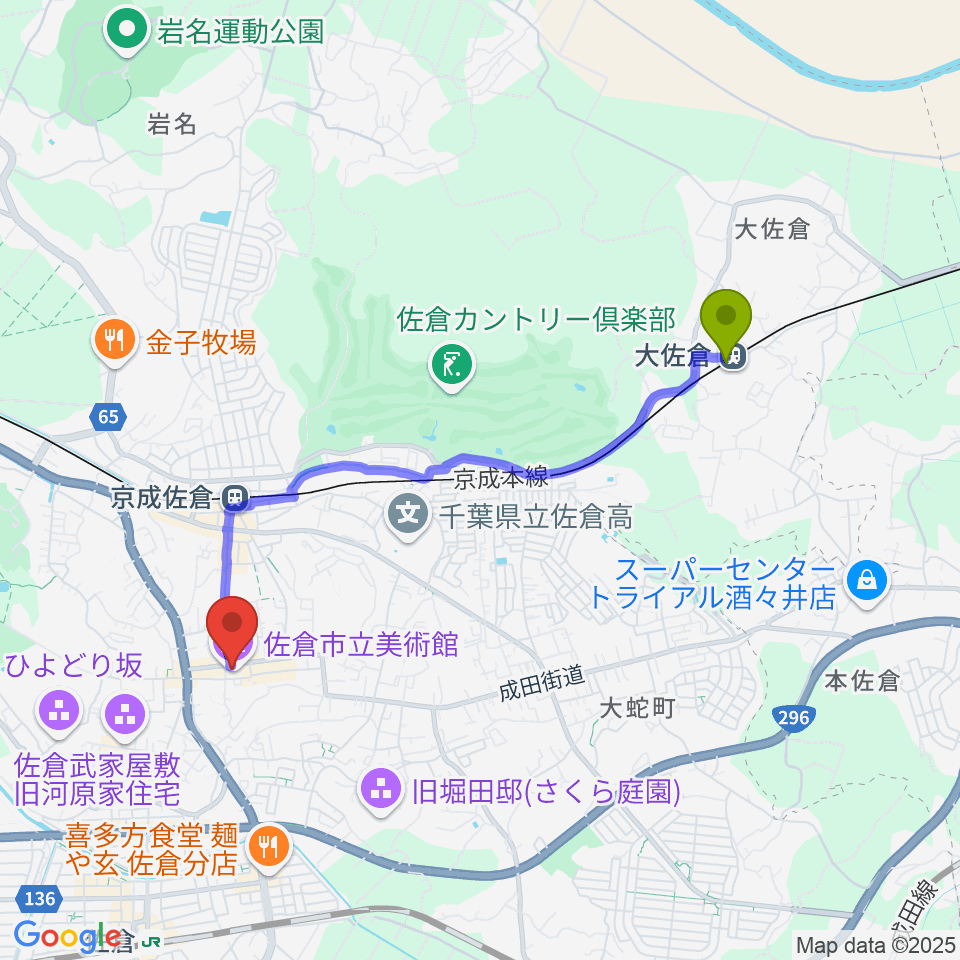 大佐倉駅から佐倉市立美術館へのルートマップ地図