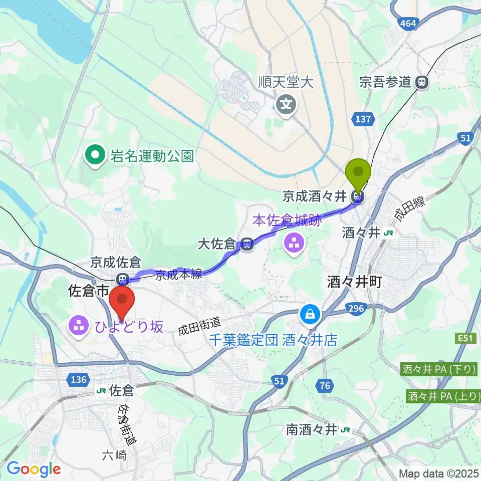 京成酒々井駅から佐倉市立美術館へのルートマップ地図