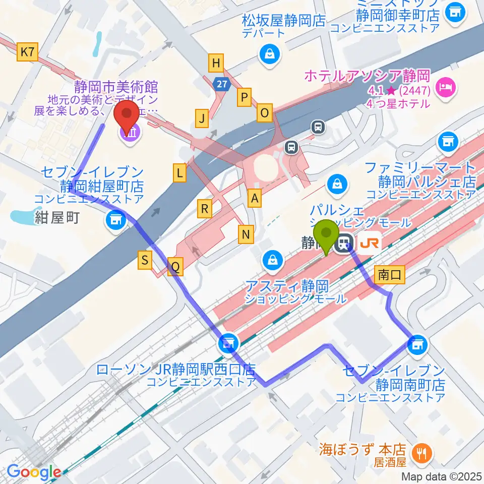 静岡市美術館の最寄駅静岡駅からの徒歩ルート（約4分）地図