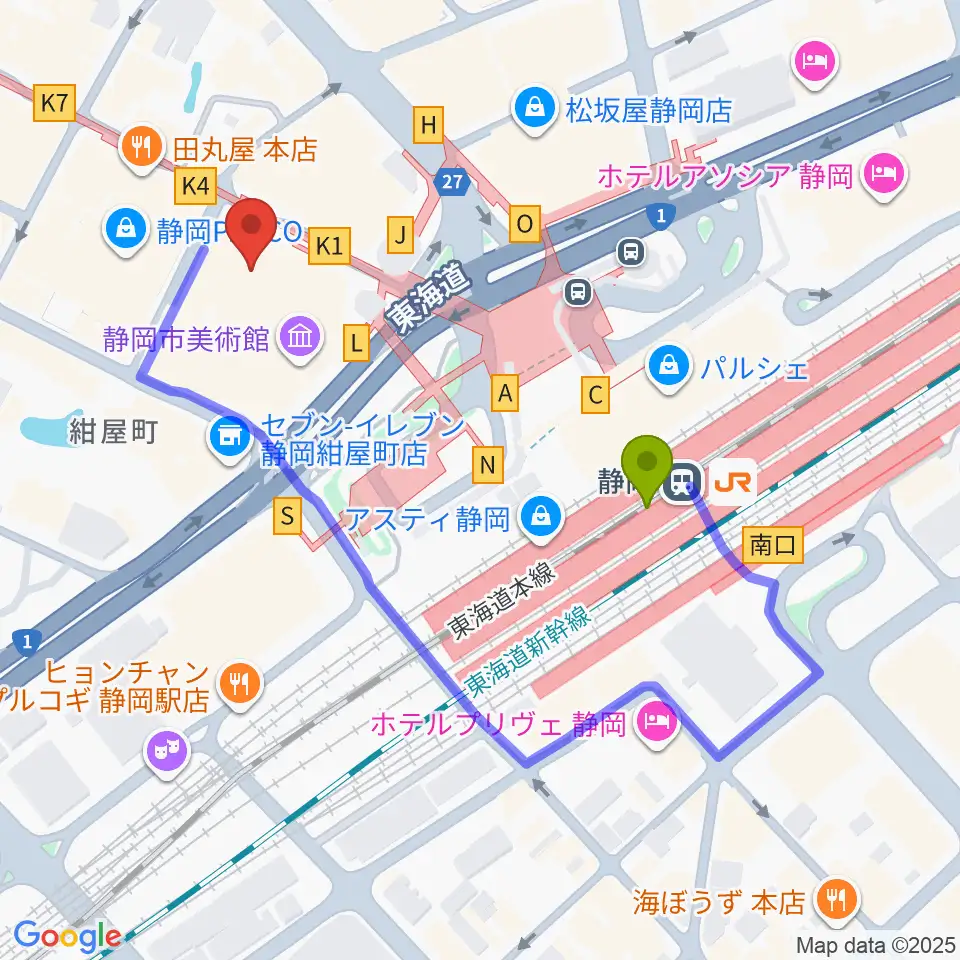 静岡市美術館の最寄駅静岡駅からの徒歩ルート（約4分）地図