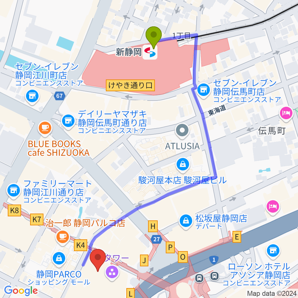 新静岡駅から静岡市美術館へのルートマップ地図