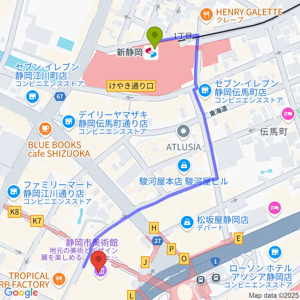 新静岡駅から静岡市美術館へのルートマップ地図