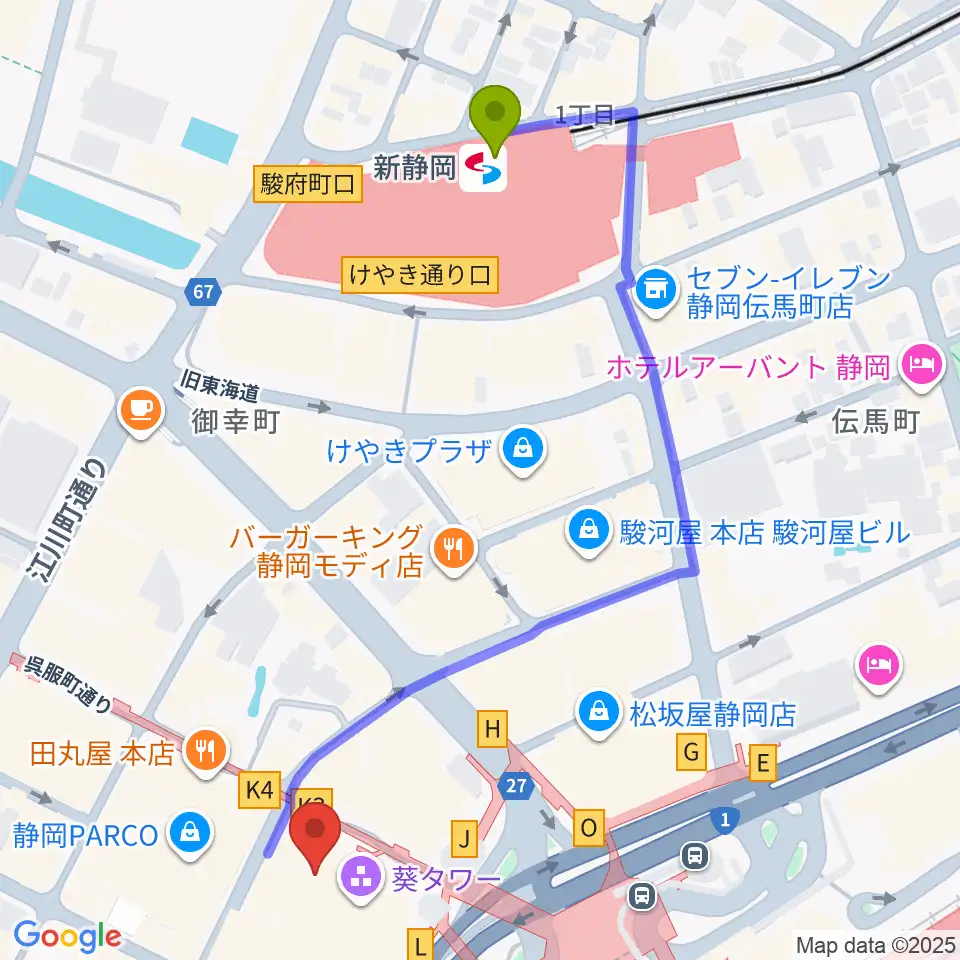 新静岡駅から静岡市美術館へのルートマップ地図