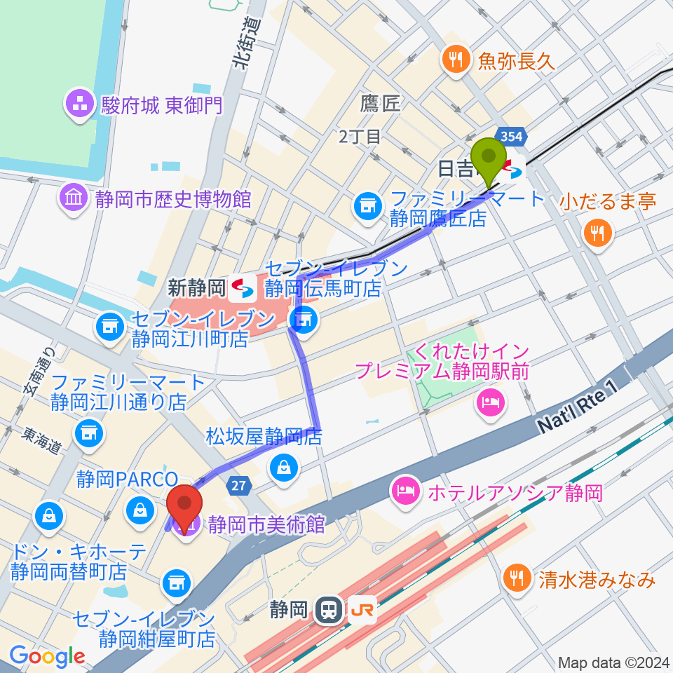 日吉町駅から静岡市美術館へのルートマップ地図