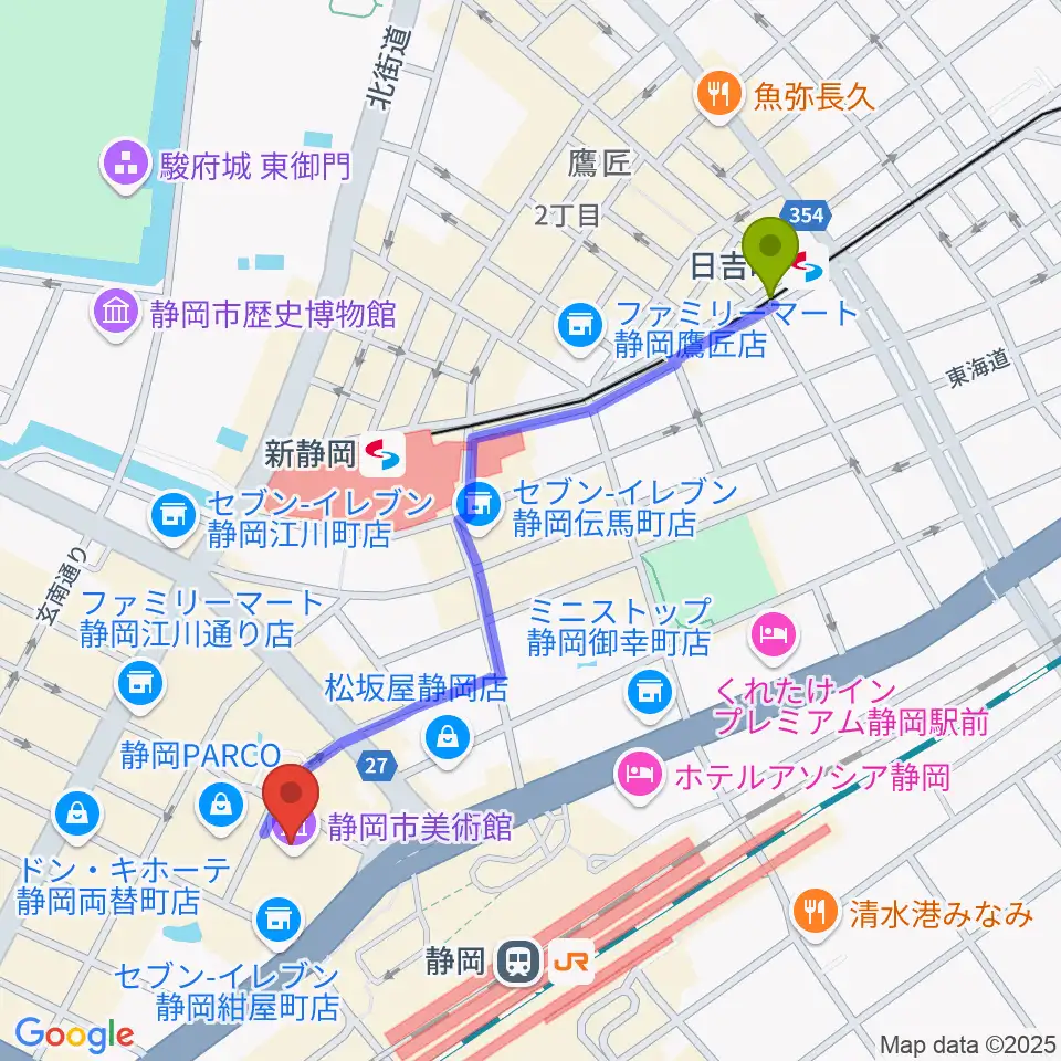 日吉町駅から静岡市美術館へのルートマップ地図