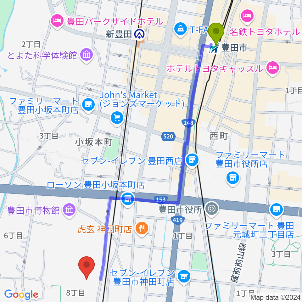 豊田市駅から豊田市美術館へのルートマップ地図