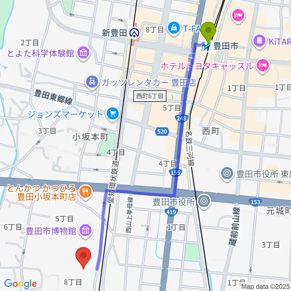 豊田市駅から豊田市美術館へのルートマップ地図
