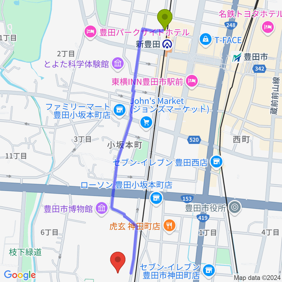 豊田市美術館の最寄駅新豊田駅からの徒歩ルート（約14分）地図