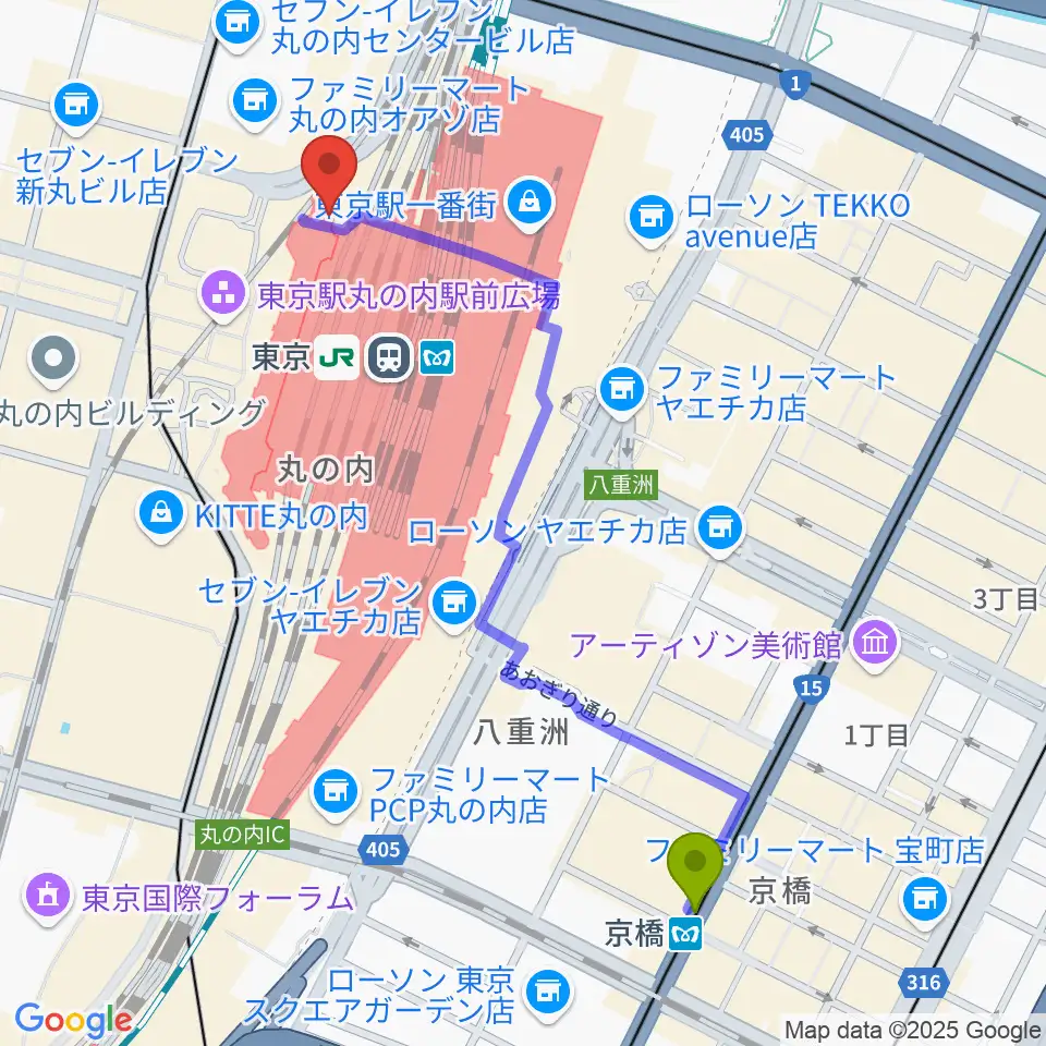京橋駅から東京ステーションギャラリーへのルートマップ地図