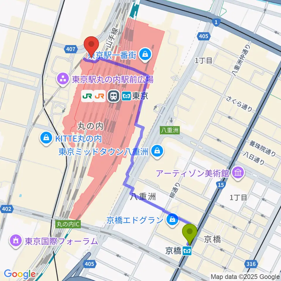 京橋駅から東京ステーションギャラリーへのルートマップ地図