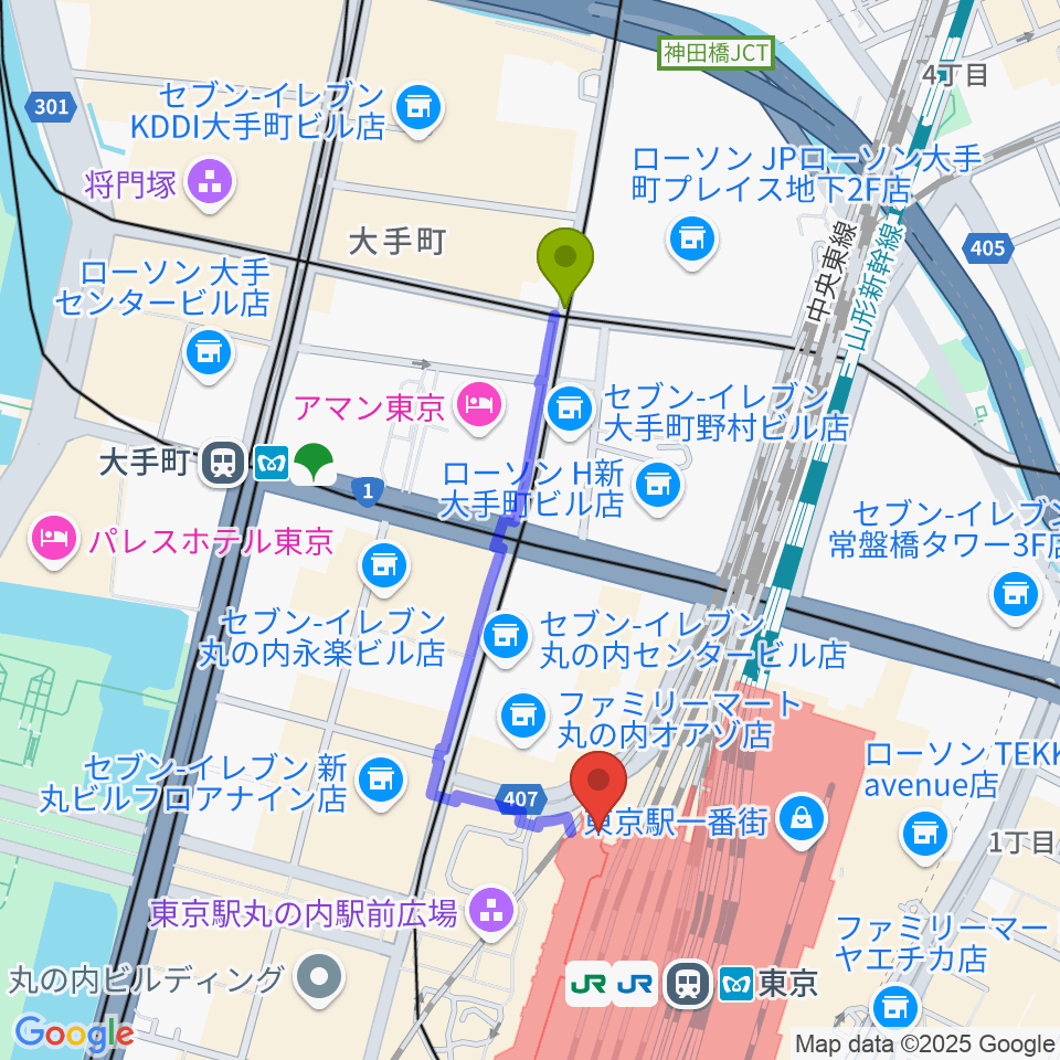 大手町駅から東京ステーションギャラリーへのルートマップ地図