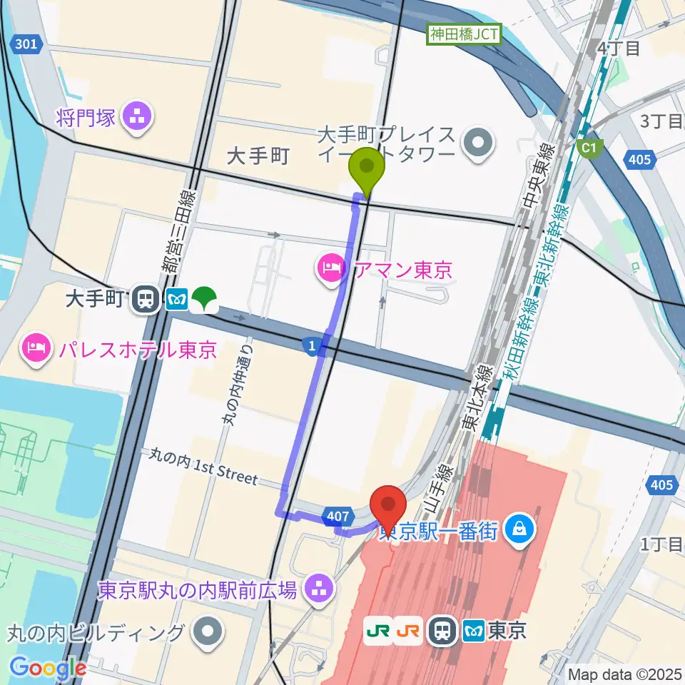 大手町駅から東京ステーションギャラリーへのルートマップ地図