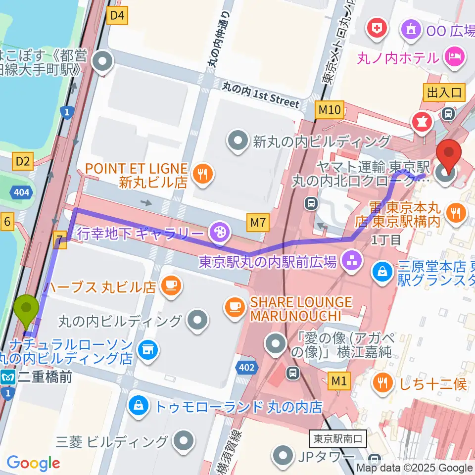 二重橋前駅から東京ステーションギャラリーへのルートマップ地図