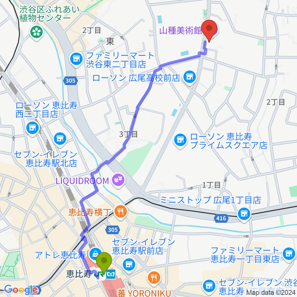 恵比寿駅から山種美術館へのルートマップ地図