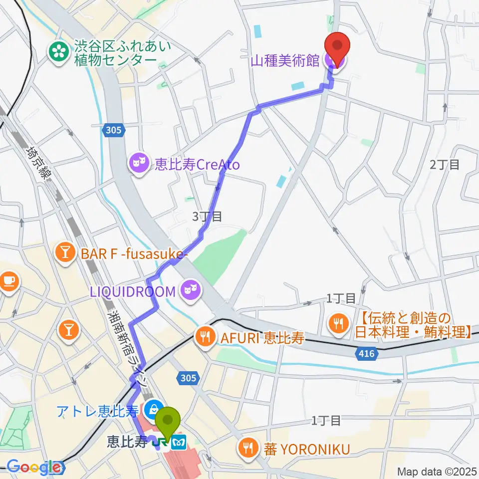 恵比寿駅から山種美術館へのルートマップ地図