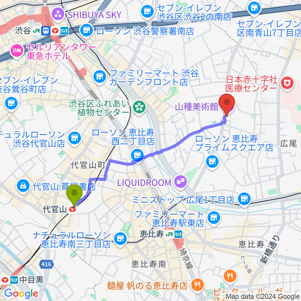 代官山駅から山種美術館へのルートマップ地図