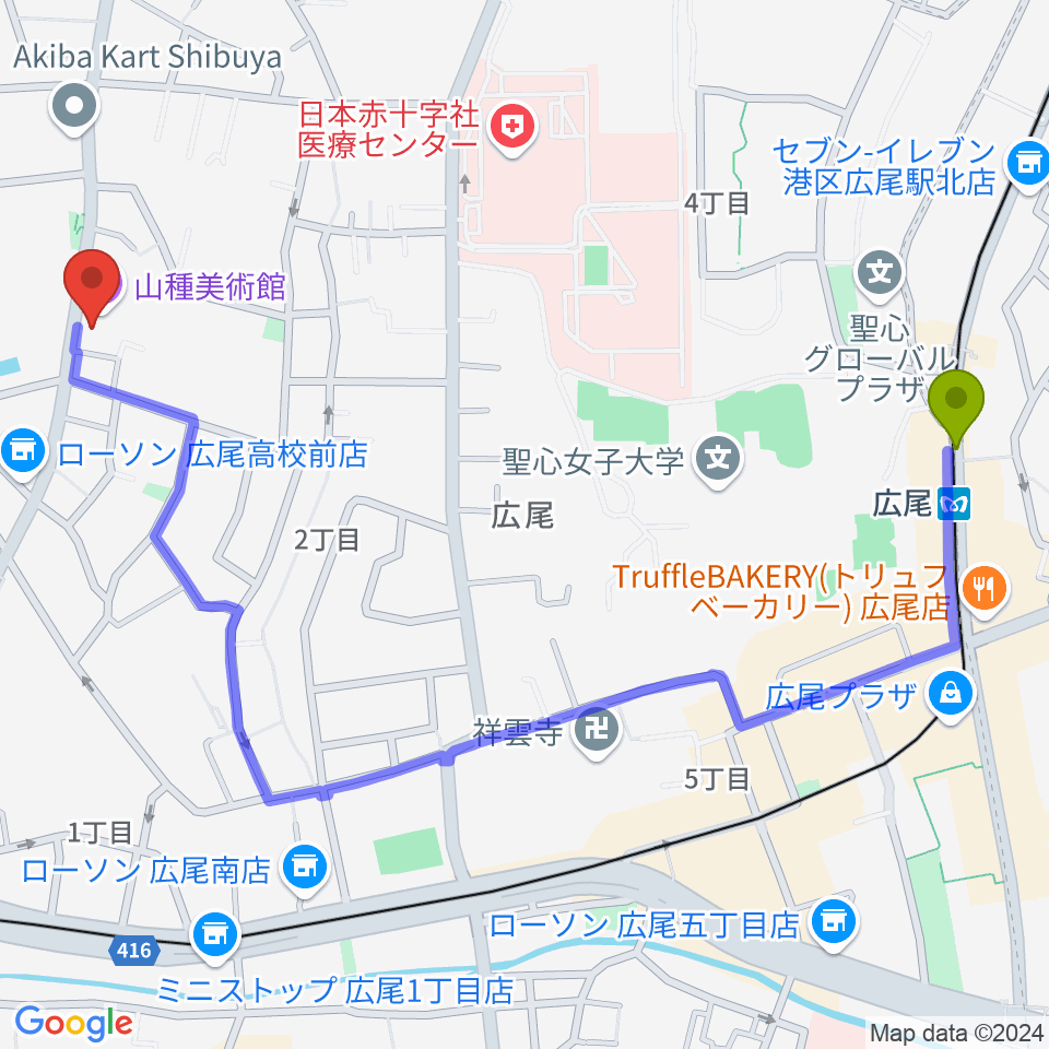 山種美術館の最寄駅広尾駅からの徒歩ルート（約13分）地図