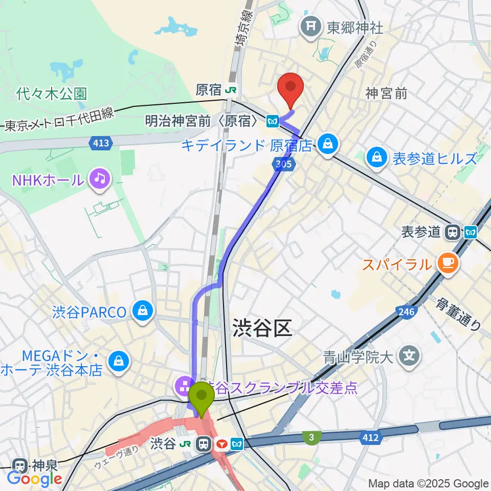 渋谷駅から太田記念美術館へのルートマップ地図