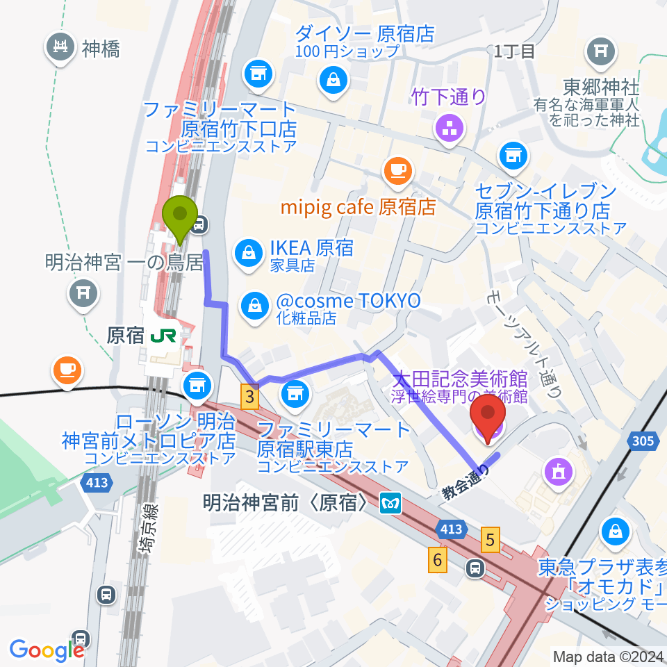 太田記念美術館の最寄駅原宿駅からの徒歩ルート（約4分）地図