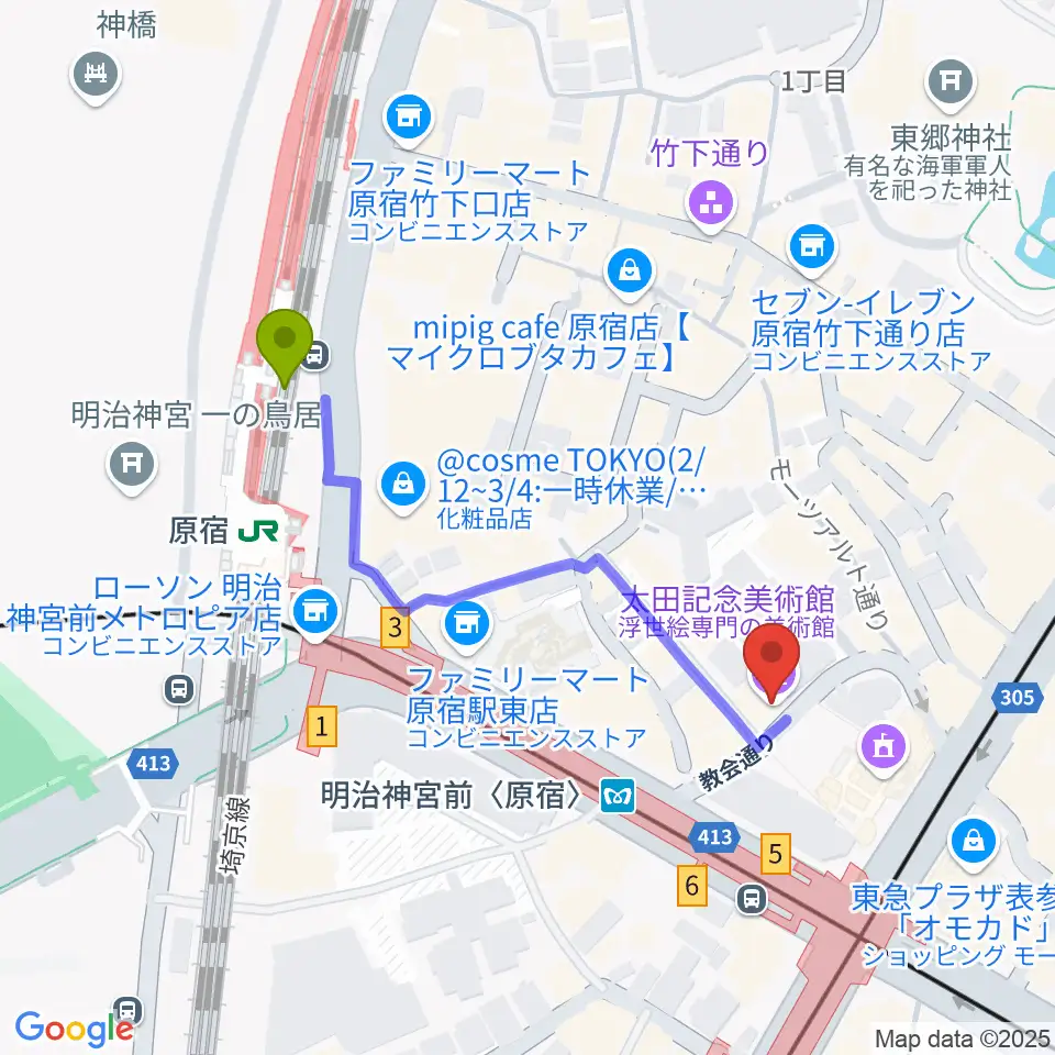 太田記念美術館の最寄駅原宿駅からの徒歩ルート（約4分）地図