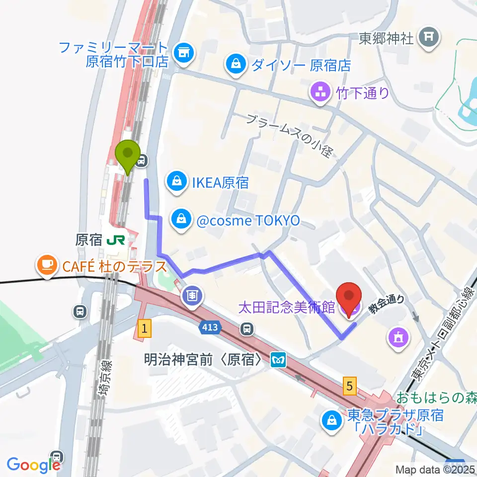 太田記念美術館の最寄駅原宿駅からの徒歩ルート（約4分）地図