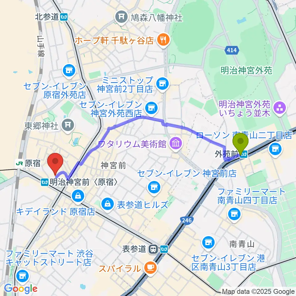 外苑前駅から太田記念美術館へのルートマップ地図