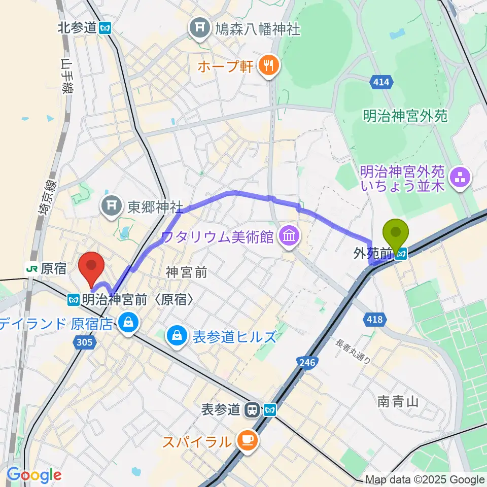 外苑前駅から太田記念美術館へのルートマップ地図