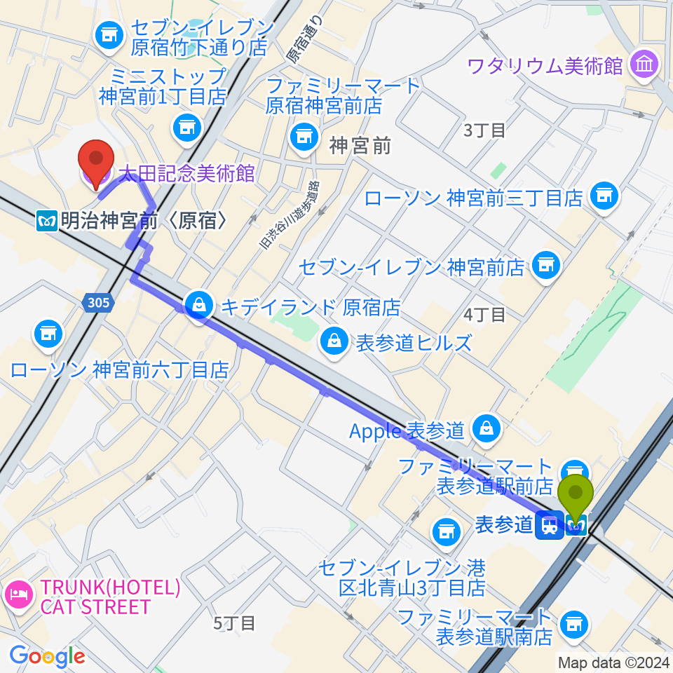 表参道駅から太田記念美術館へのルートマップ地図