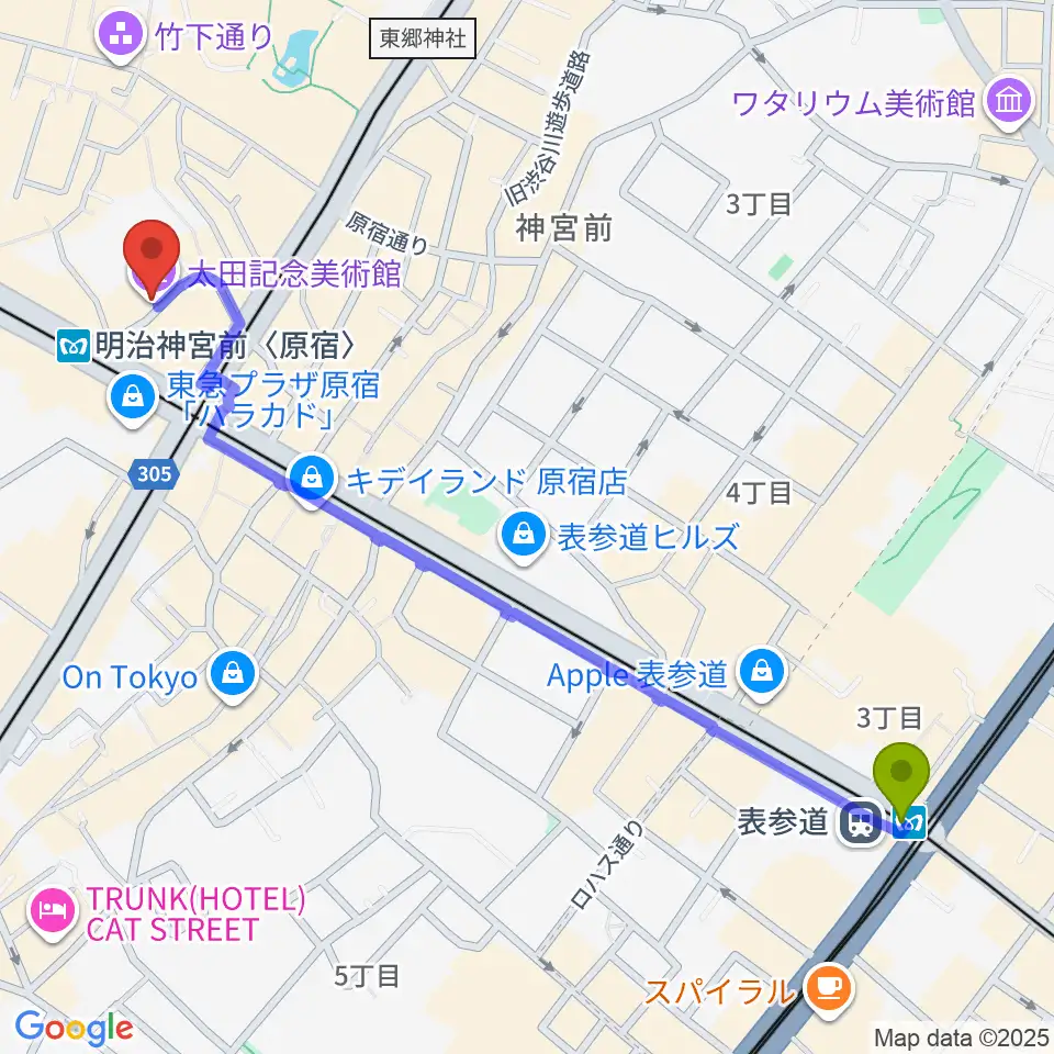 表参道駅から太田記念美術館へのルートマップ地図