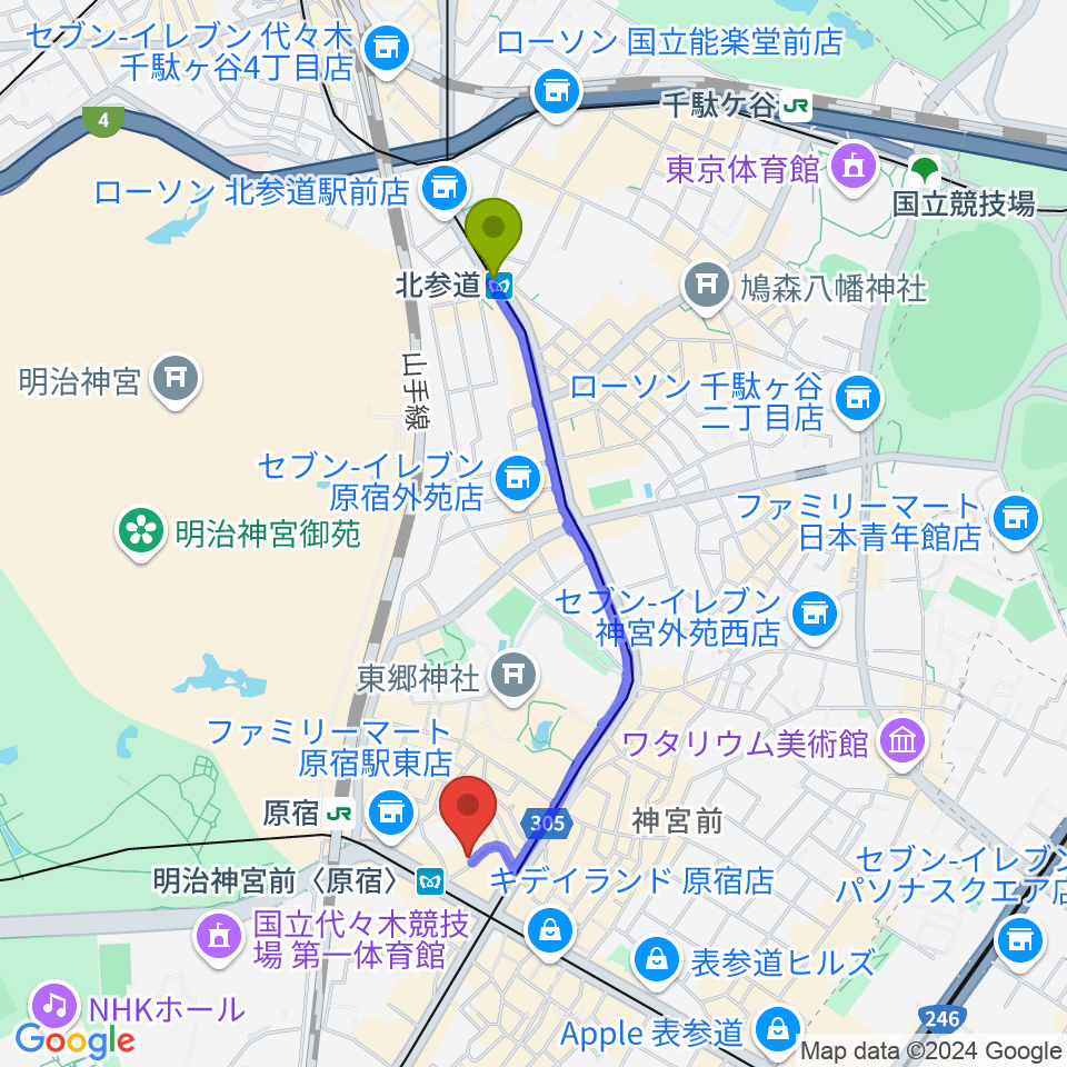 北参道駅から太田記念美術館へのルートマップ地図