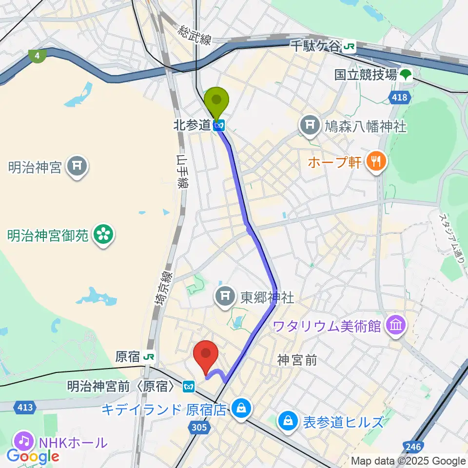 北参道駅から太田記念美術館へのルートマップ地図