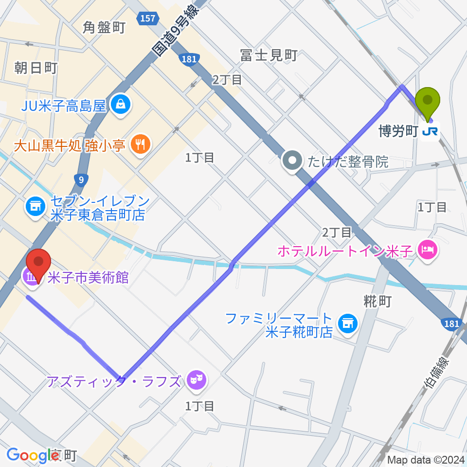 博労町駅から米子市美術館へのルートマップ地図