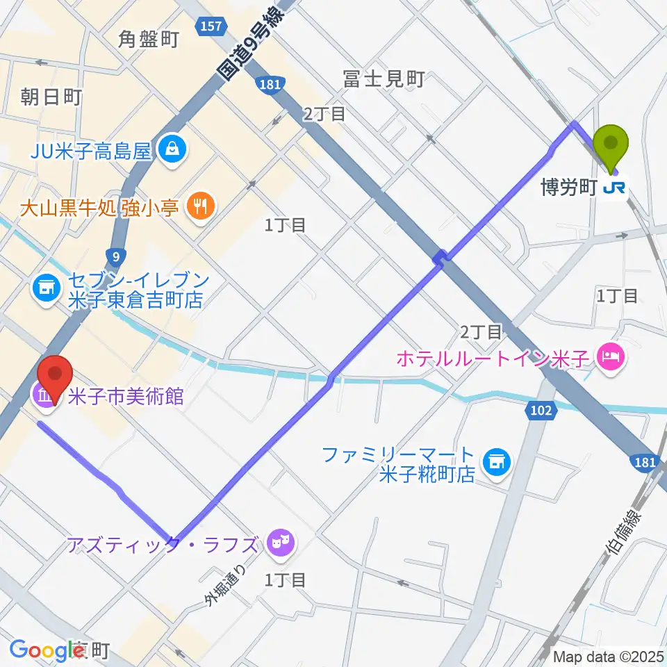 博労町駅から米子市美術館へのルートマップ地図