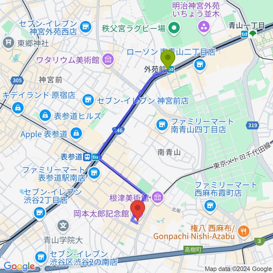 外苑前駅から岡本太郎記念館へのルートマップ地図