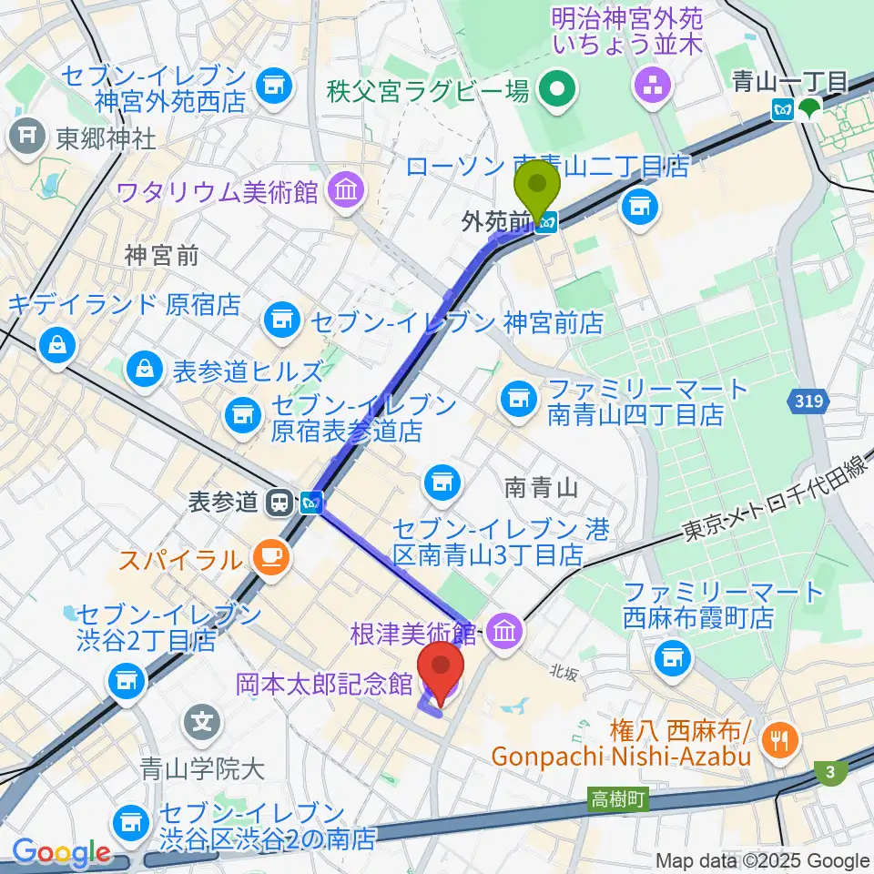 外苑前駅から岡本太郎記念館へのルートマップ地図