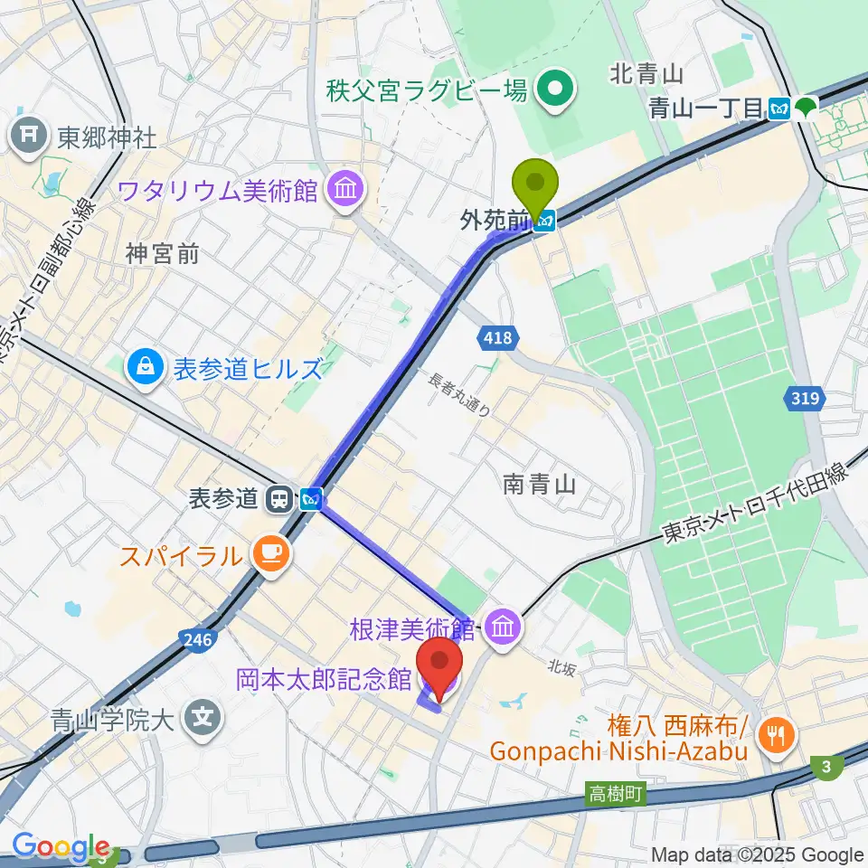 外苑前駅から岡本太郎記念館へのルートマップ地図