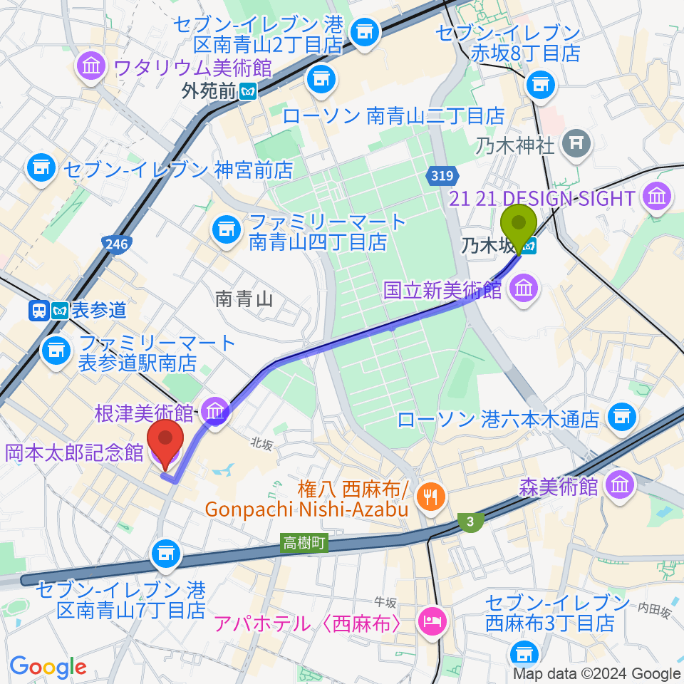 乃木坂駅から岡本太郎記念館へのルートマップ地図