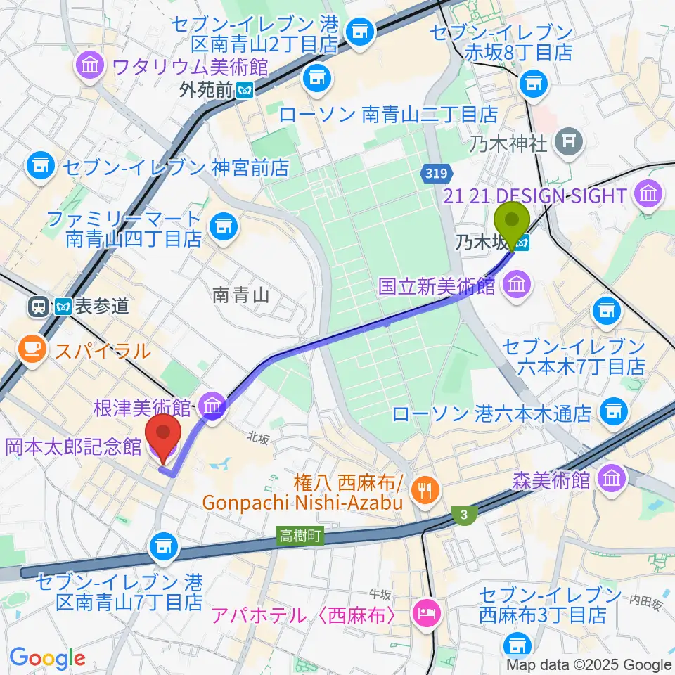 乃木坂駅から岡本太郎記念館へのルートマップ地図