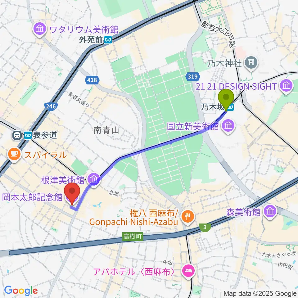 乃木坂駅から岡本太郎記念館へのルートマップ地図