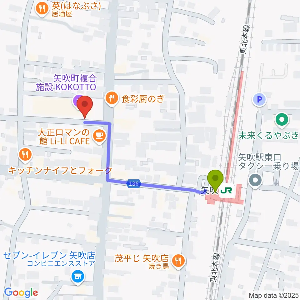 矢吹町中央公民館 KOKOTTOホールの最寄駅矢吹駅からの徒歩ルート（約4分）地図