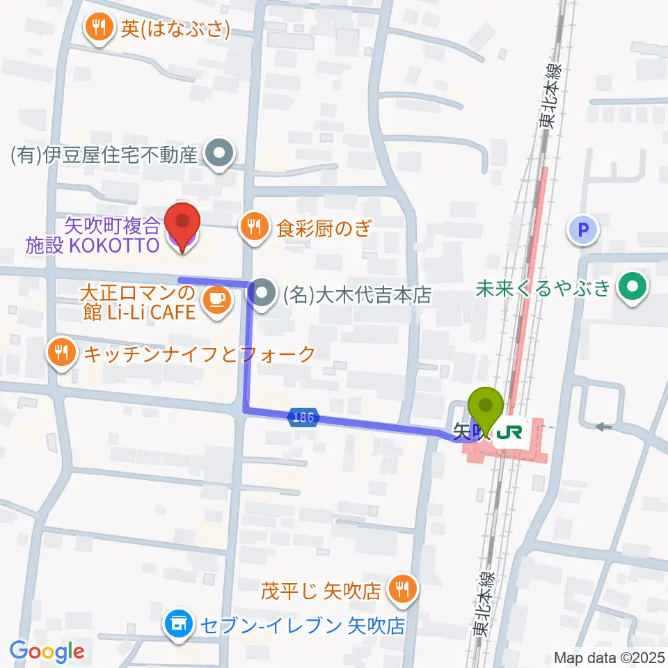 矢吹町複合施設KOKOTTOの最寄駅矢吹駅からの徒歩ルート（約4分）地図