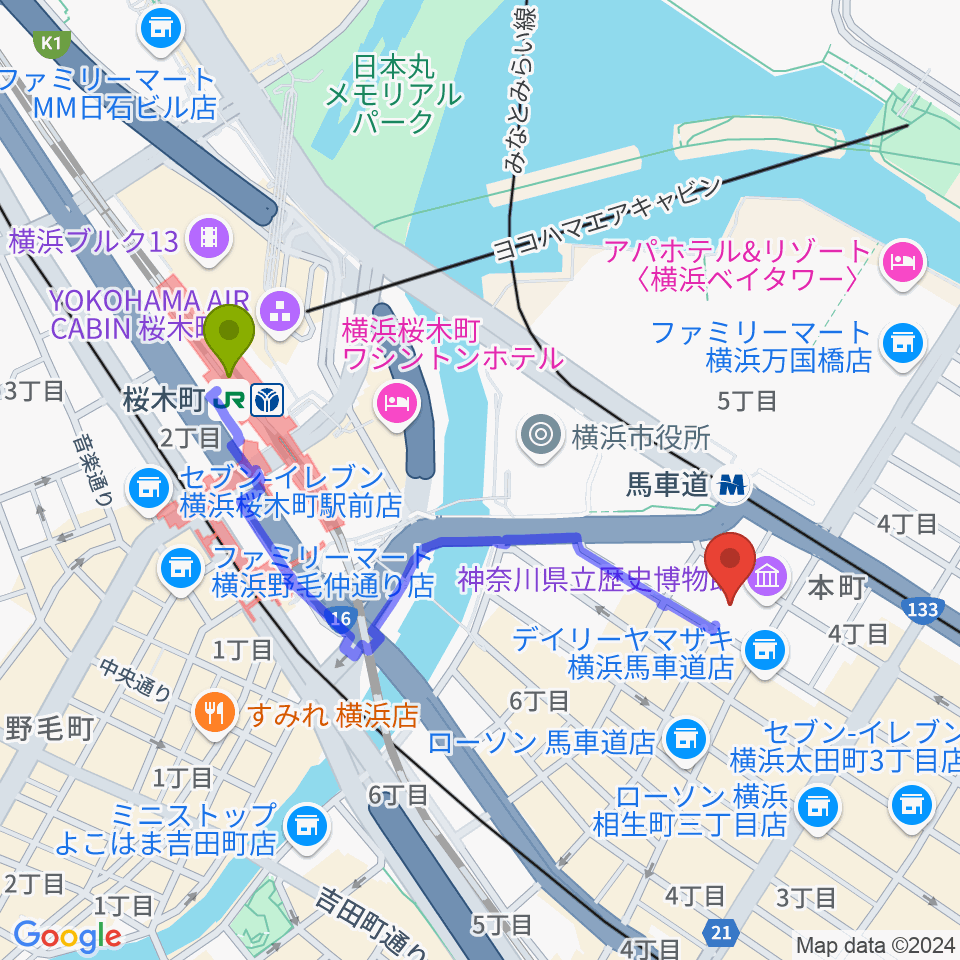桜木町駅から神奈川県立歴史博物館へのルートマップ地図