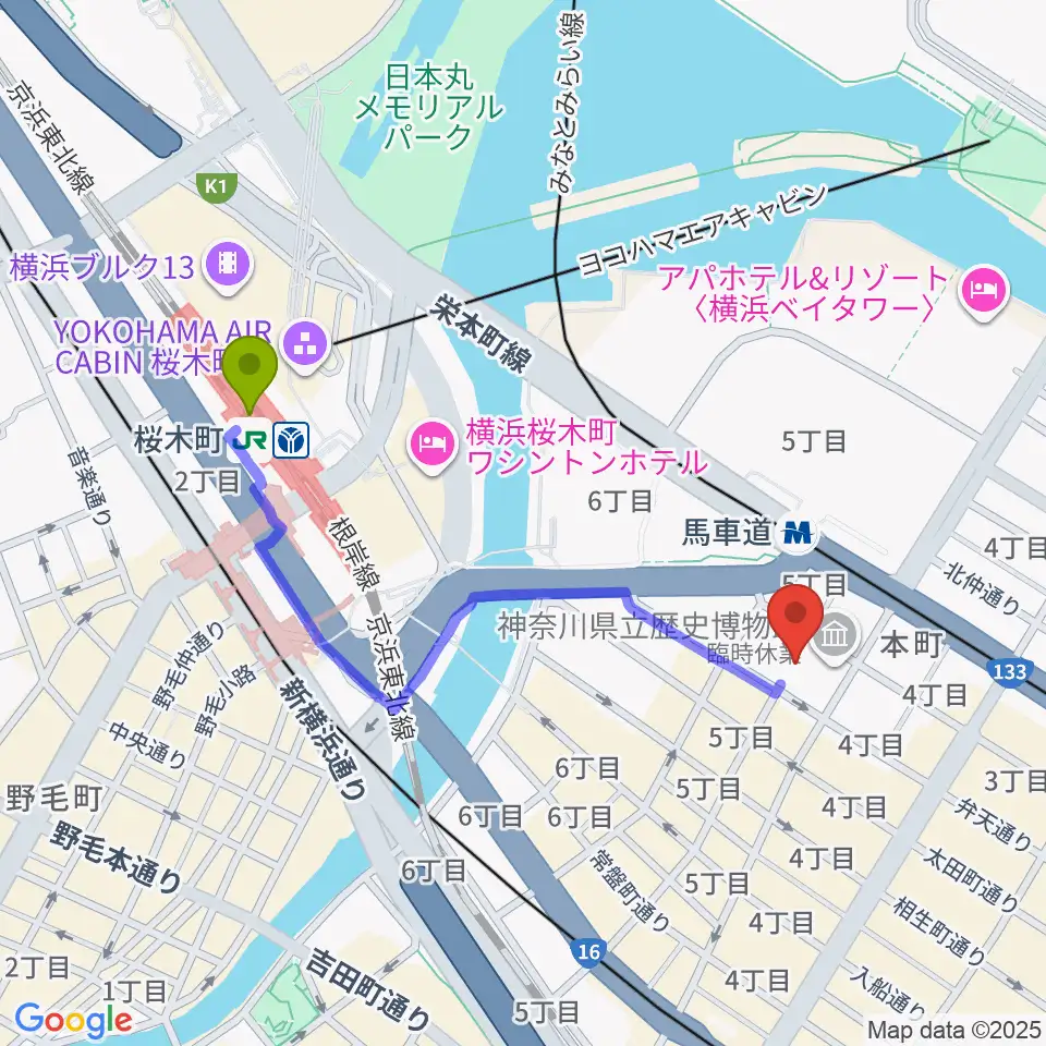 桜木町駅から神奈川県立歴史博物館へのルートマップ地図